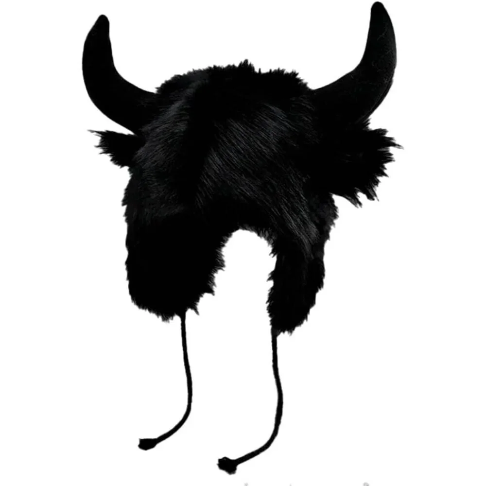 Men A-black Furry Buffalo Horn Winter Hat Unisex Faux Fur Earflap Trooper Cap